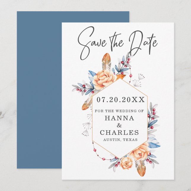 Blaugraue Orangefarbene geometrische Rahmen Hochze Save The Date (Vorne/Hinten)