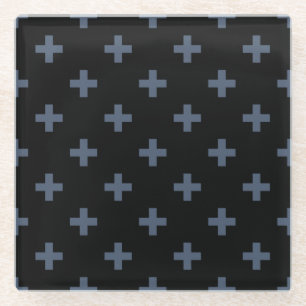 Blaugraue Polka-Kreuze auf schwarz Glasuntersetzer