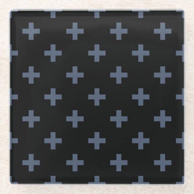 Blaugraue Polka-Kreuze auf schwarz Glasuntersetzer (Vorderseite)