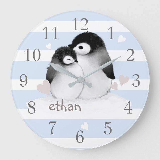 Blaugraue Streifen Pinguin Kinderzimmer Wall Clock Große Wanduhr (Vorderseite)