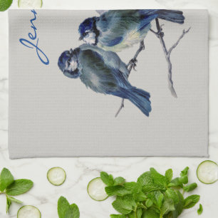 Blaugraue Vögel Elegante Aquarell-Name Geschirrtuch