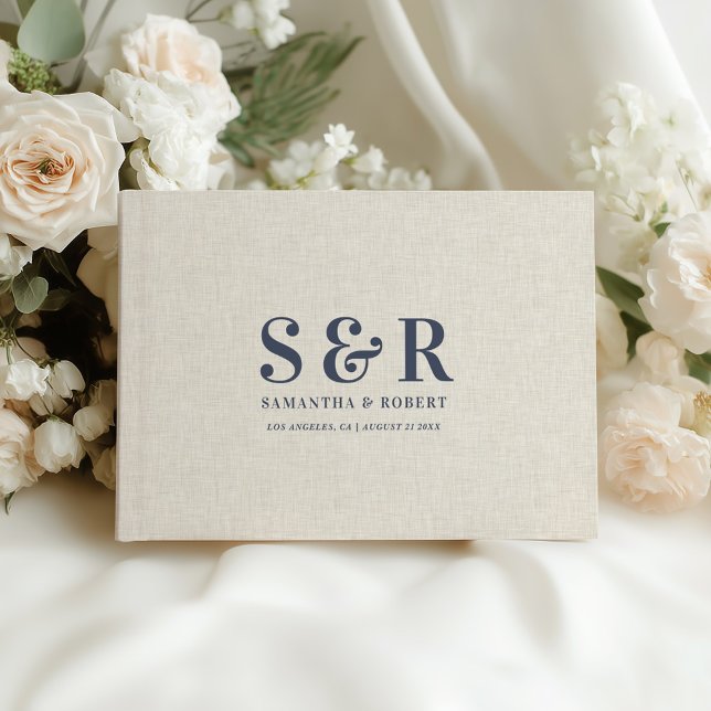 Blaugraue Wedding Monogram Beige Linen Gästebuch (Von Creator hochgeladen)