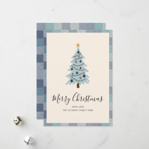 Blaugrauer Karierter Minimaler Weihnachtsbaum Feiertagskarte