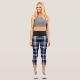 Blaugraues Kariertes Tartan-Muster Capri Leggings