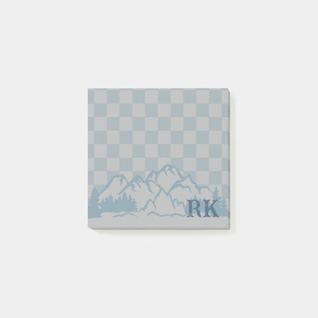 Blaugraues Karomuster Rustikale Berge Monogramm Post-it Klebezettel (Vorderseite)