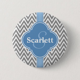 Blaugraues Zickzack Muster und Monogramm Button