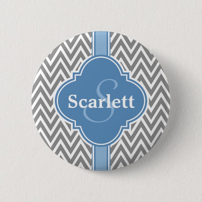 Blaugraues Zickzack Muster und Monogramm Button (Vorderseite)