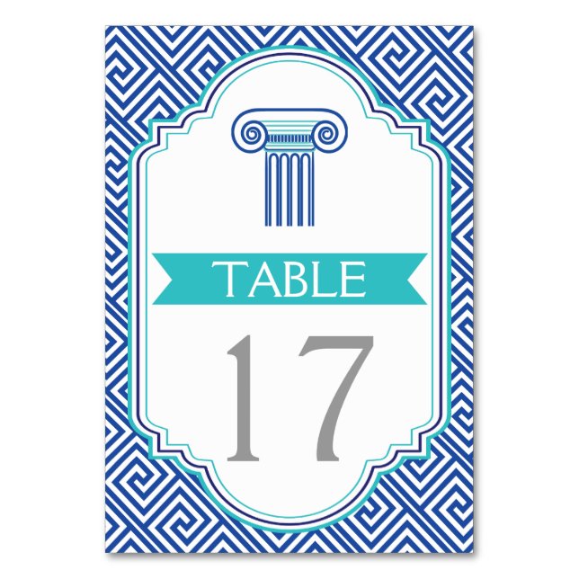 Blaugriechische Schlüssel- und Säulenhochzeit-Tisc Tischnummer (Vorderseite)