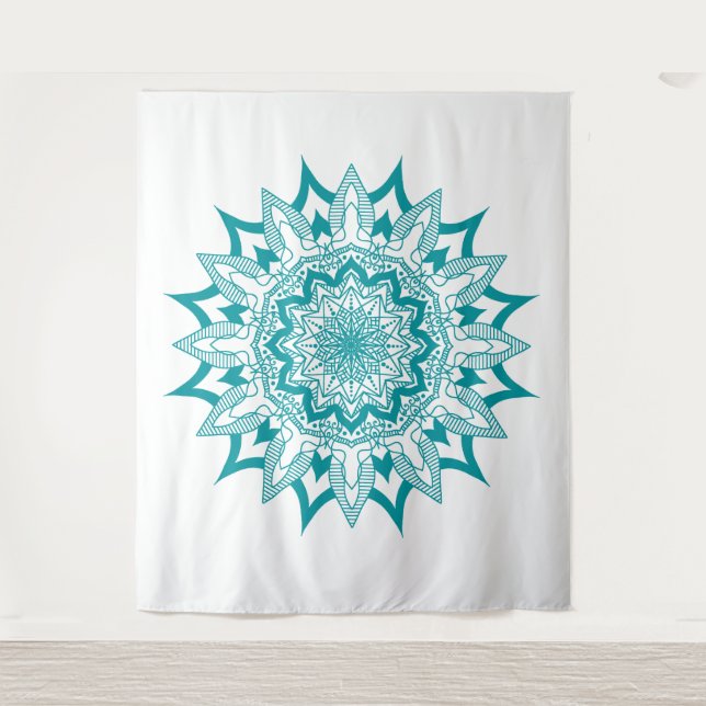 Blaugrün auf weißer Mandala Wandteppich (Vorderseite)