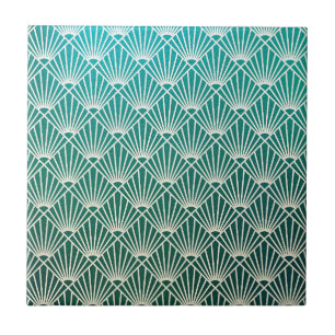 blaugrün,beige,Jugendstil,Art Deco, Fächer-Muster, Fliese