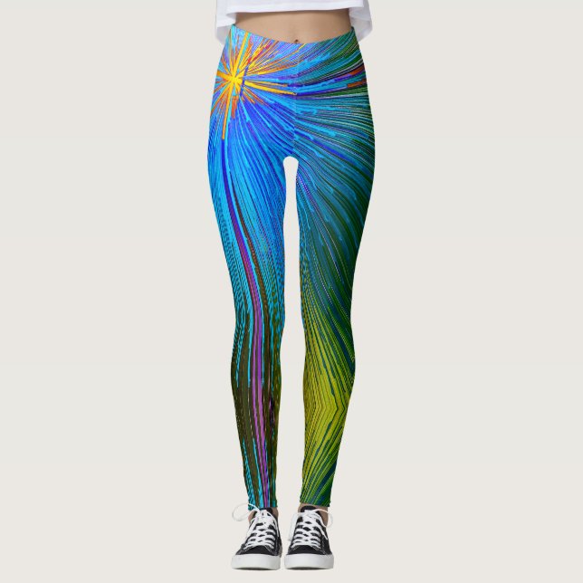 Blaugrün-gelb-Abstrakte Streifenmuster Moderne Leggings (Vorderseite)