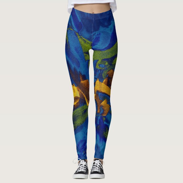 Blaugrün-gelber Paint-Spritzer Leggings (Vorderseite)