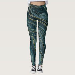 Blaugrün Gold Abstrakte Wasserfarbenwellen Leggings