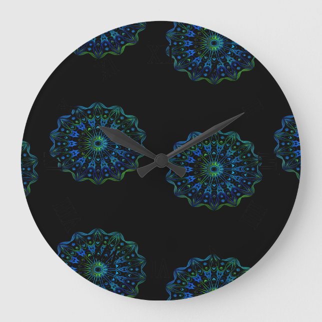 Blaugrün-Mandala Große Wanduhr (Vorderseite)