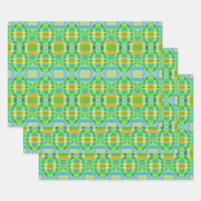 Blaugrün-orange Lila-cremig-Gittermuster Geschenkpapier Set (Set)