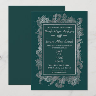Blaugrün & Silber Elegante Florale Hochzeit Einladung