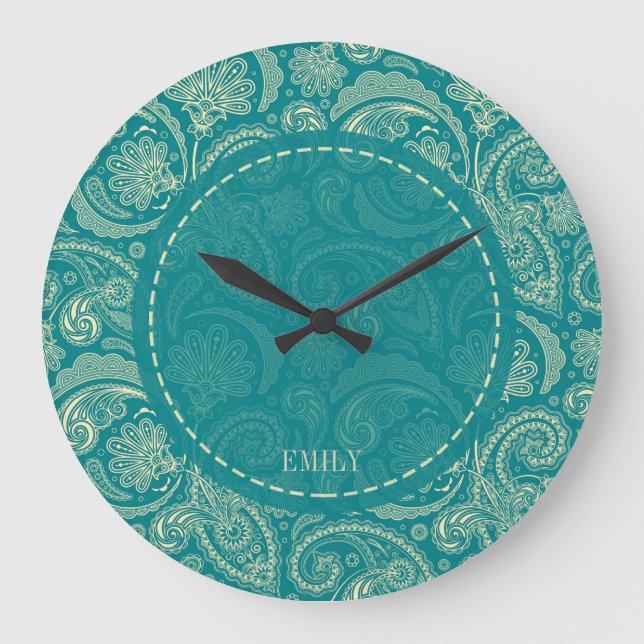 Blaugrün und Beige Creme Vintag Paisley Große Wanduhr (Vorderseite)