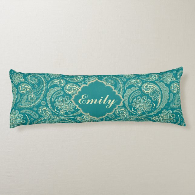 Blaugrün und Beige Creme Vintag Paisley Seitenschläferkissen (Rückseite)