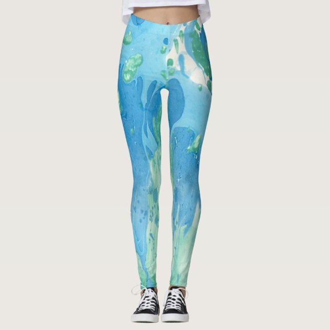 Blaugrün-Weiß-Trendfarben Modernes Abstraktes Temp Leggings (Vorderseite)