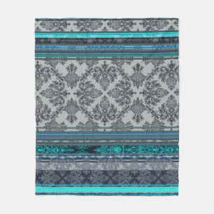 Blaugrüne, aquafarbene und graue Vintage-Boho-Tape Fleecedecke