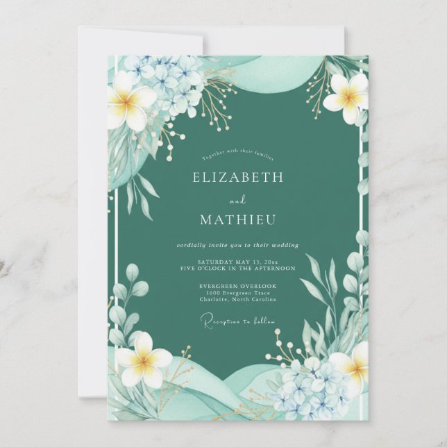 Blaugrüne Aquarell-Botanical-Hochzeit Einladung (Vorderseite)