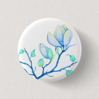 Blaugrüne Aquarell-Magnolien-Zweig Botanik Button
