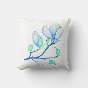 Blaugrüne Aquarell-Magnolien-Zweig Botanik Kissen
