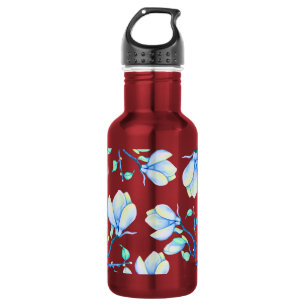 Blaugrüne Aquarell-Magnolienzweig Botanik Edelstahlflasche