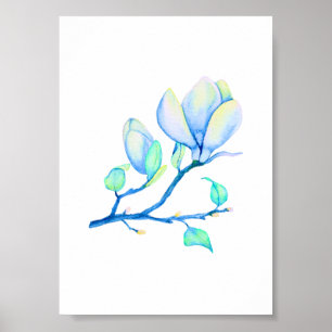 Blaugrüne Aquarell-Magnolienzweig Botanik Poster
