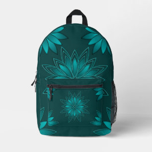 Blaugrüne Blättchen-Mandala-Design auf Dunkelcyan Bedruckter Rucksack