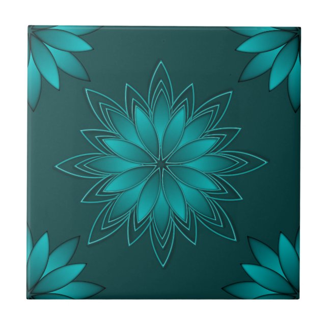 Blaugrüne Blättchen-Mandala-Design auf Dunkelcyan Fliese (Vorderseite)