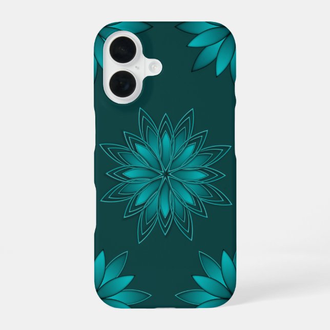 Blaugrüne Blättchen-Mandala-Design auf Dunkelcyan iPhone 16 Hülle (Rückseite)