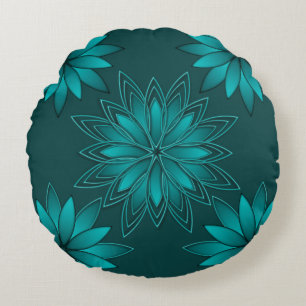 Blaugrüne Blättchen-Mandala-Design auf Dunkelcyan Rundes Kissen