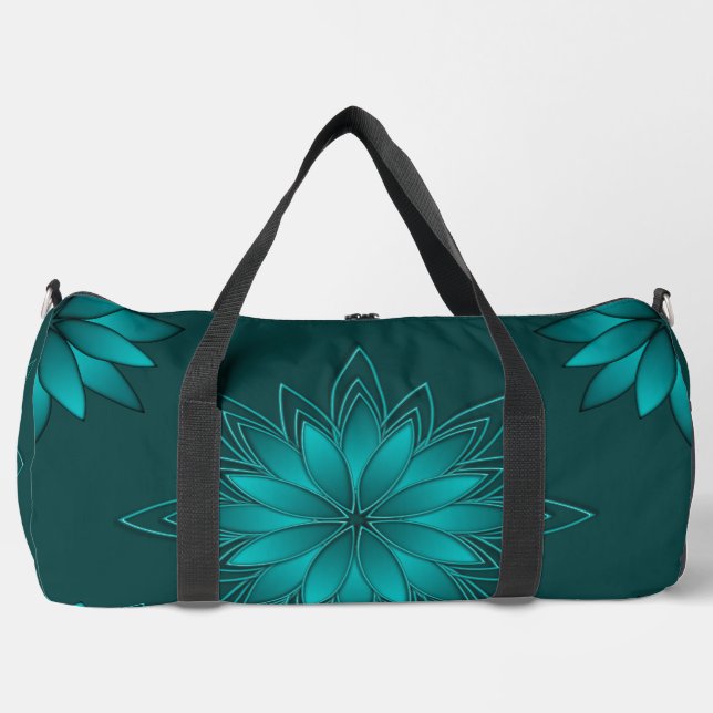 Blaugrüne Blättchen-Mandala-Design auf Dunkelzyan Duffle Bag (Vorderseite)