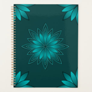 Blaugrüne Blättchen-Mandala-Design auf Dunkelzyan Planer