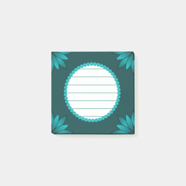 Blaugrüne Blättchen-Mandala-Design auf Dunkelzyan Post-it Klebezettel (Vorderseite)