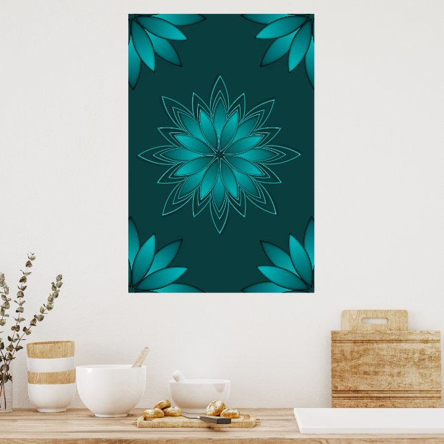 Blaugrüne Blättchen-Mandala-Design auf Dunkelzyan Poster (Küche)