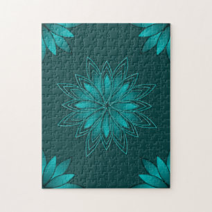 Blaugrüne Blättchen-Mandala-Design auf Dunkelzyan Puzzle