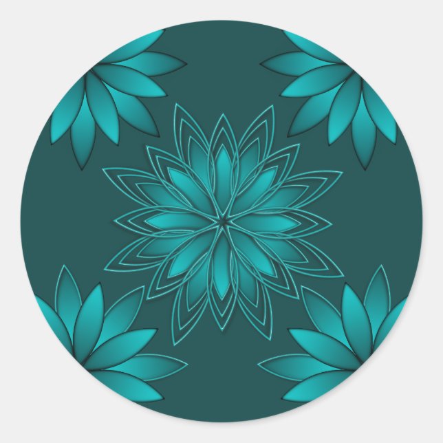 Blaugrüne Blättchen-Mandala-Design auf Dunkelzyan Runder Aufkleber (Vorderseite)
