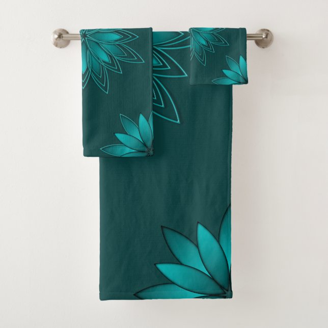 Blaugrüne Blättchen-Mandala-Design auf dunklem Cya Badhandtuch Set (Insitu)