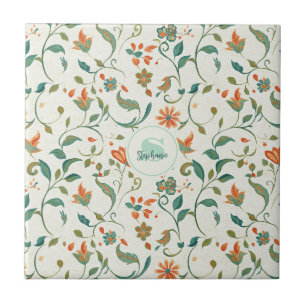 Blaugrüne Blätter im Vintage-Stil & oranges Blumen Fliese