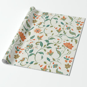 Blaugrüne Blätter im Vintage-Stil & oranges Blumen Geschenkpapier