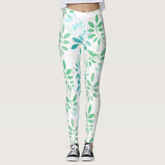 Blaugrüne Blätter Leggings (Vorderseite)