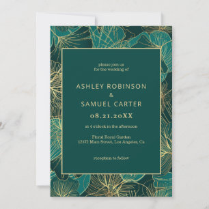 Blaugrüne Blätter mit Goldene Hochzeit Einladung
