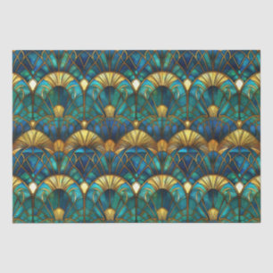 Blaugrüne, blaue und goldene Pfauen-Buntglas Seidenpapier