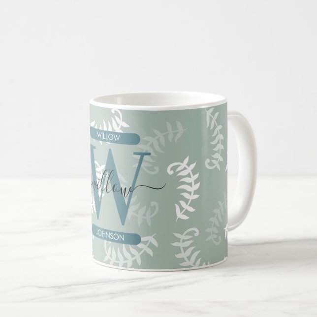 Blaugrüne botanische Blätter Monogramm Kaffeetasse (VorderseiteRechts)