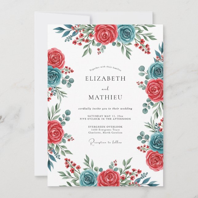 Blaugrüne Botanische Hochzeit mit Esprit Einladung (Vorderseite)