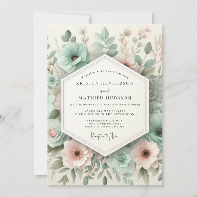 Blaugrüne botanische Launen Hochzeit Einladung (Vorderseite)