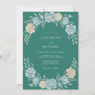 Blaugrüne Creme-Wildblumen-Hochzeit Einladung