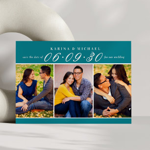 Blaugrüne Drei-Foto-Collage-Hochzeit Save The Date